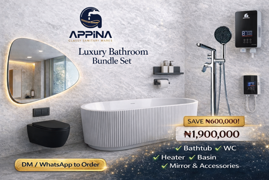 Luxury bathroom bundle set with bathtub, wall WC, basin, mirror and water heater in Nigeria
Appina luxury bathroom accessories and fittings in showroom