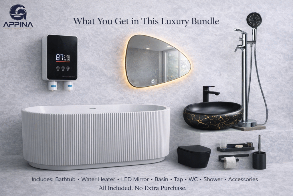 lect the size of the source image. Advanced HTML anchor Enter a word or two — without spaces — to make a unique web address just for this block, called an “anchor”. Then, you’ll be able to link directly to this section of your page. Learn more about anchors↗ Additional CSS class(es) Separate multiple classes with spaces. Title attribute Describe the role of this image on the page.(Note: many devices and browsers do not display this text.)↗ Luxury bathroom bundle in Nigeria including bathtub, basin, mirror, black WC, accessories and water heater